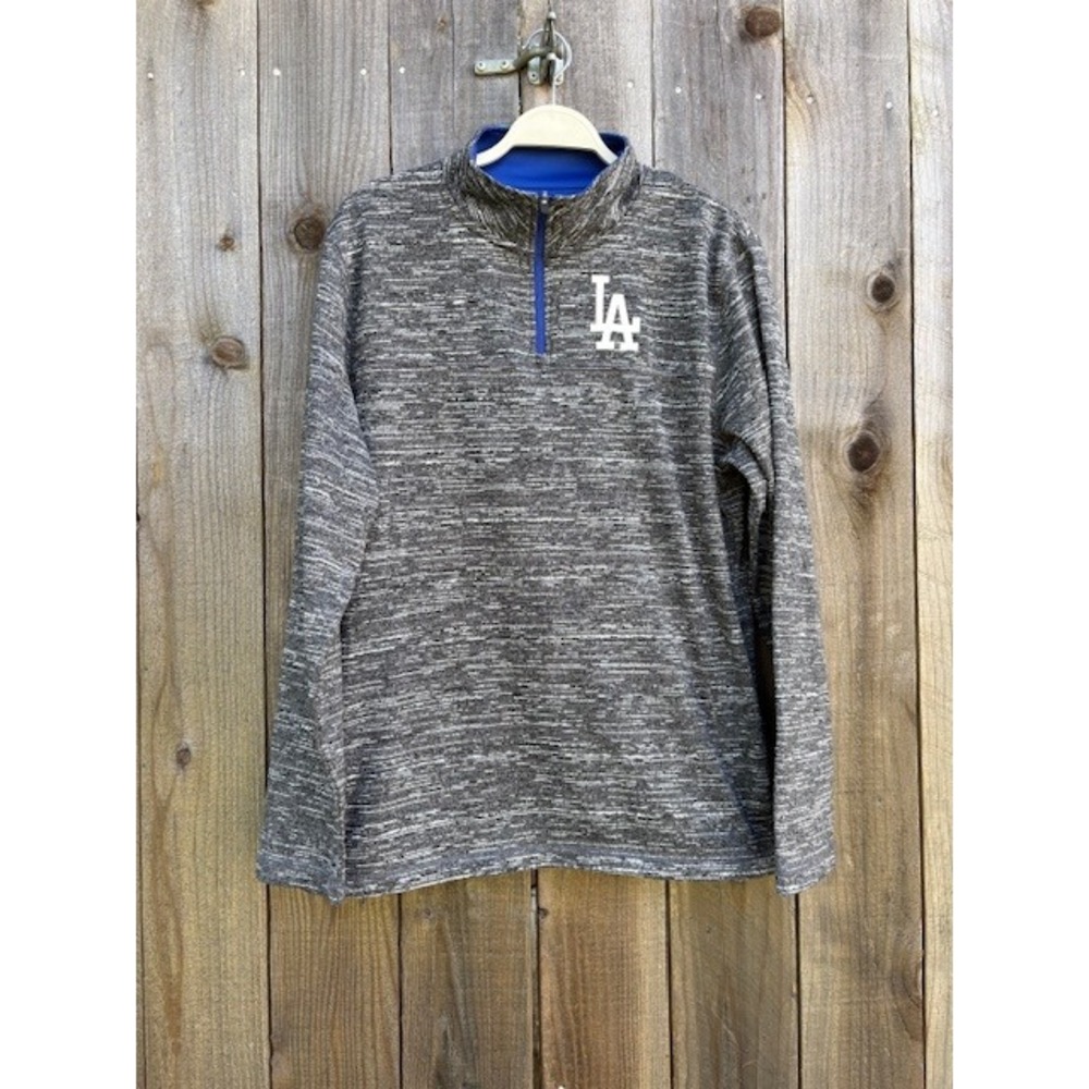 Majestic Mens LA Dodgers Quarter Zip Pullover Marled Gray Blue Logo Size M